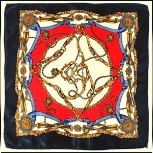 Vintage Chain Print Square Scarf, Elegant Satin Neckerchief